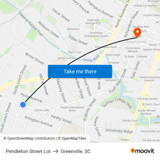 Pendleton Street Lot to Greenville, SC map