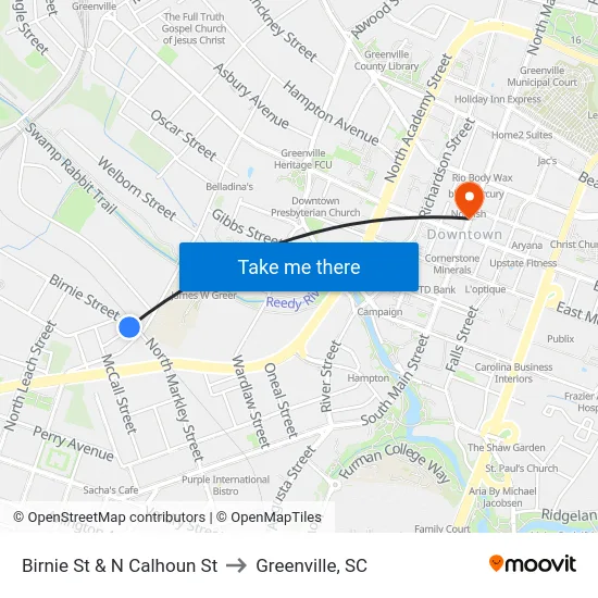 Birnie St & N Calhoun St to Greenville, SC map