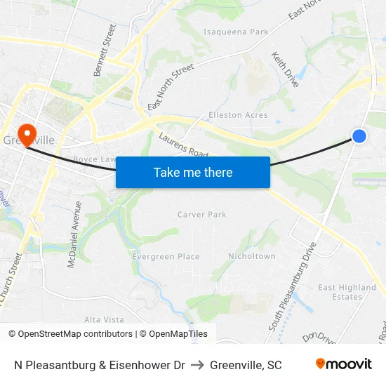 N Pleasantburg & Eisenhower Dr to Greenville, SC map