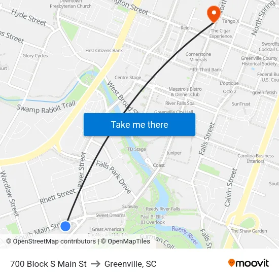 700 Block S Main St to Greenville, SC map