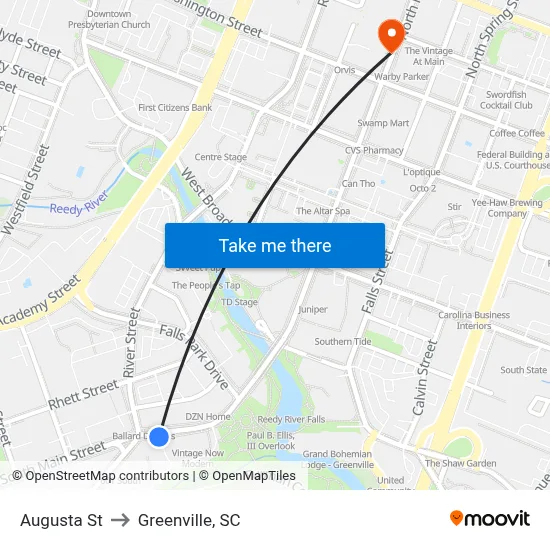 Augusta St to Greenville, SC map