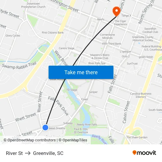 River St to Greenville, SC map