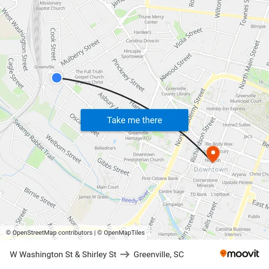 W Washington St & Shirley St to Greenville, SC map