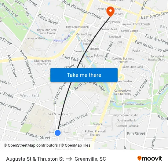 Augusta St & Thruston St to Greenville, SC map