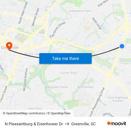 N Pleasantburg & Eisenhower Dr to Greenville, SC map