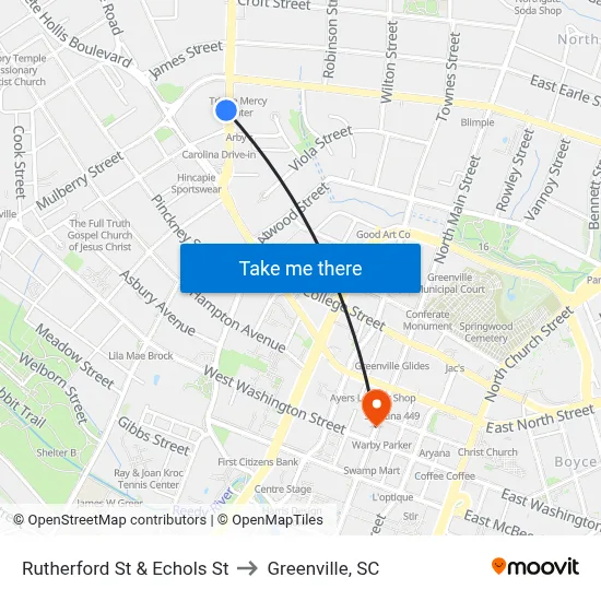 Rutherford St & Echols St to Greenville, SC map