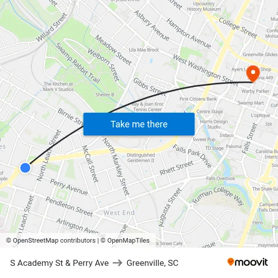 S Academy St & Perry Ave to Greenville, SC map