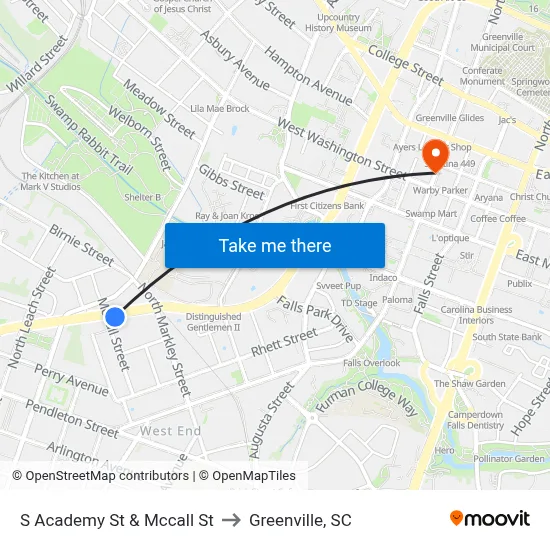 S Academy St & Mccall St to Greenville, SC map