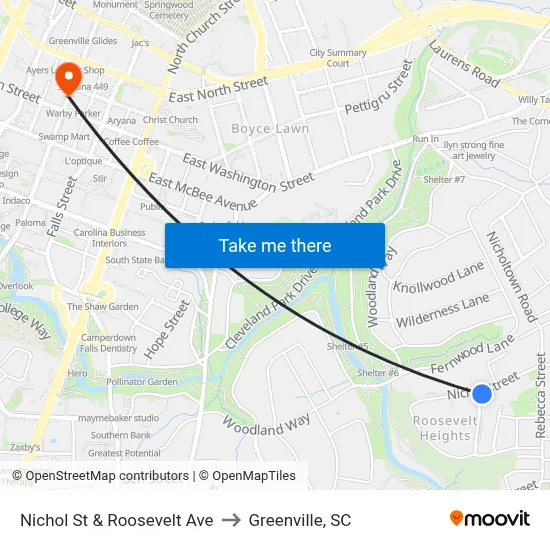 Nichol St & Roosevelt Ave to Greenville, SC map