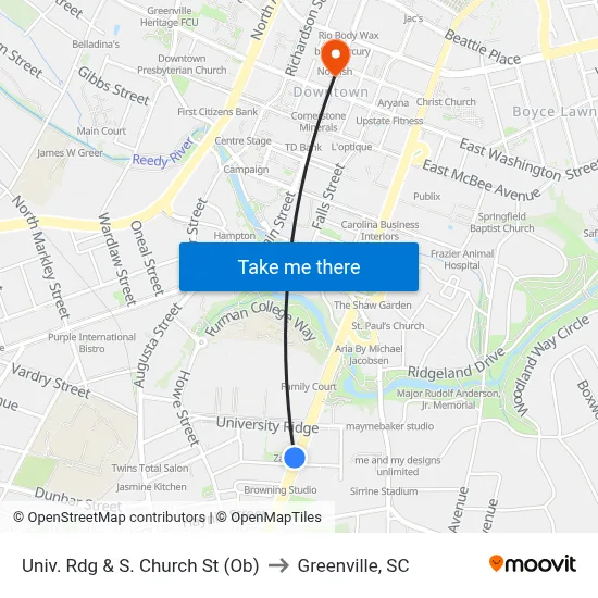 Univ. Rdg & S. Church St (Ob) to Greenville, SC map