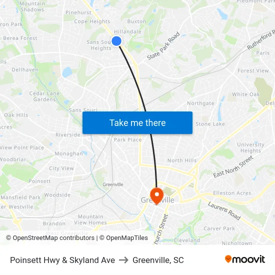 Poinsett Hwy & Skyland Ave to Greenville, SC map