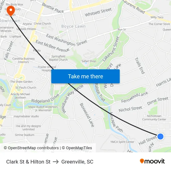 Clark St & Hilton St to Greenville, SC map