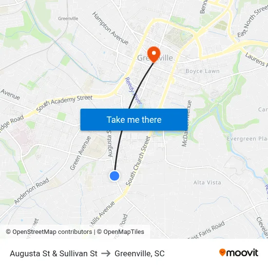 Augusta St & Sullivan St to Greenville, SC map