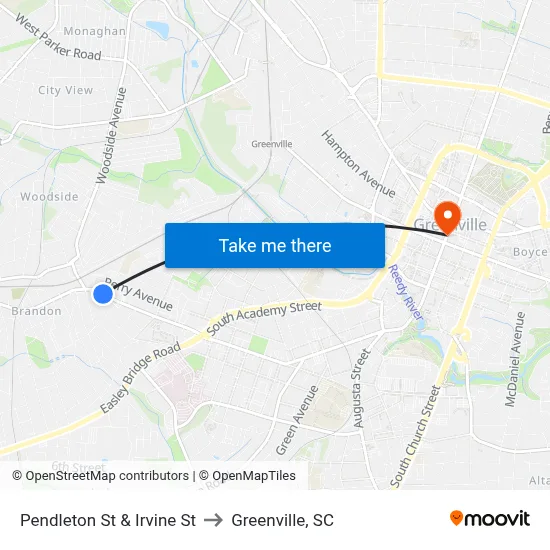 Pendleton St & Irvine St to Greenville, SC map