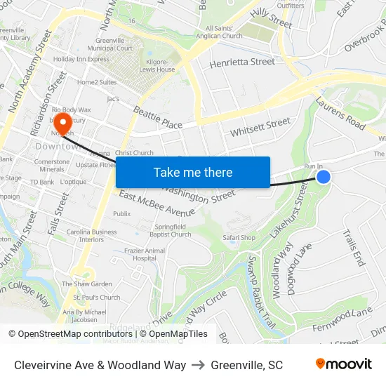 Cleveirvine Ave & Woodland Way to Greenville, SC map