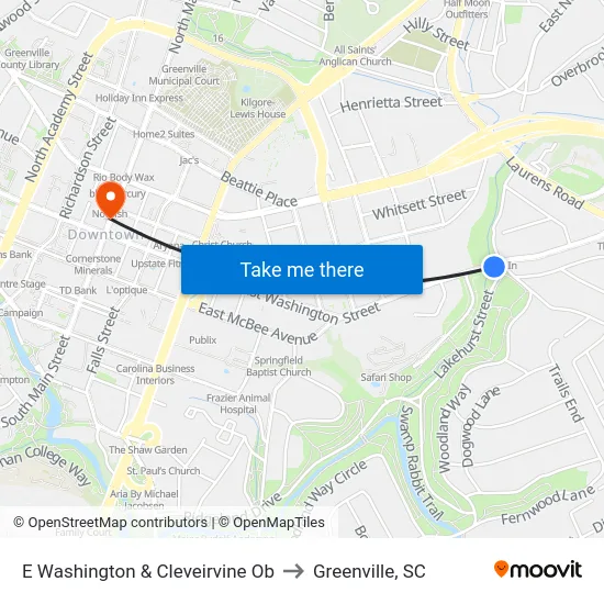 E Washington & Cleveirvine Ob to Greenville, SC map
