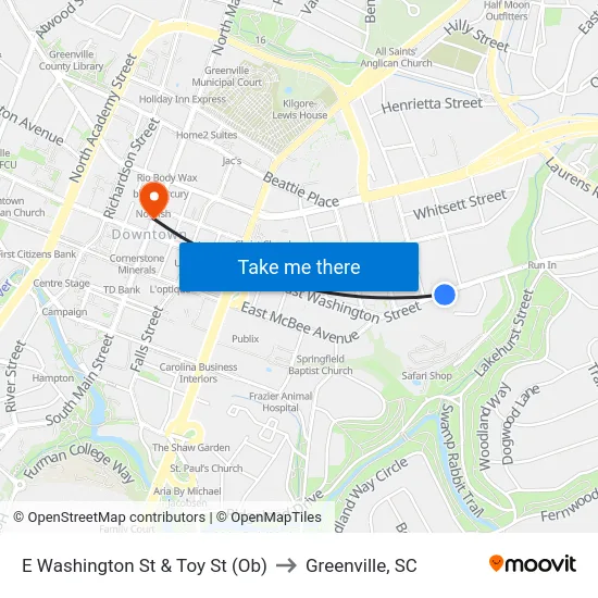 E Washington St & Toy St (Ob) to Greenville, SC map