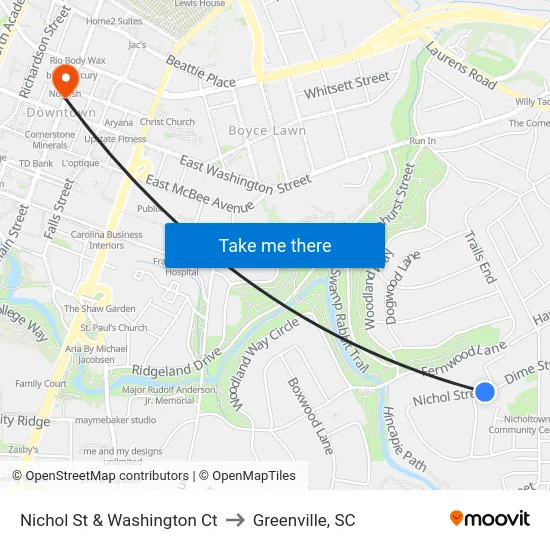 Nichol St & Washington Ct to Greenville, SC map