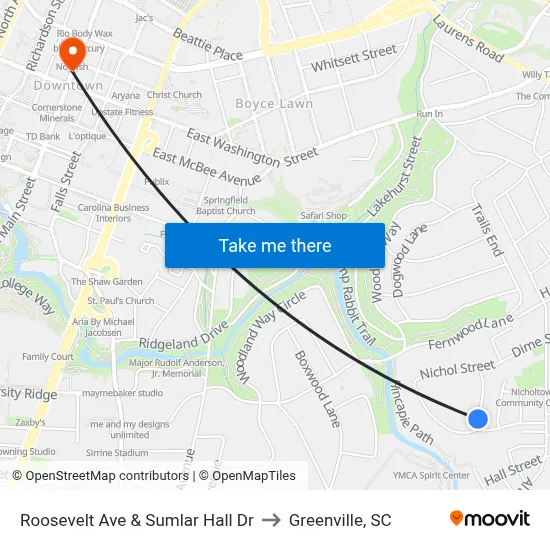 Roosevelt Ave & Sumlar Hall Dr to Greenville, SC map