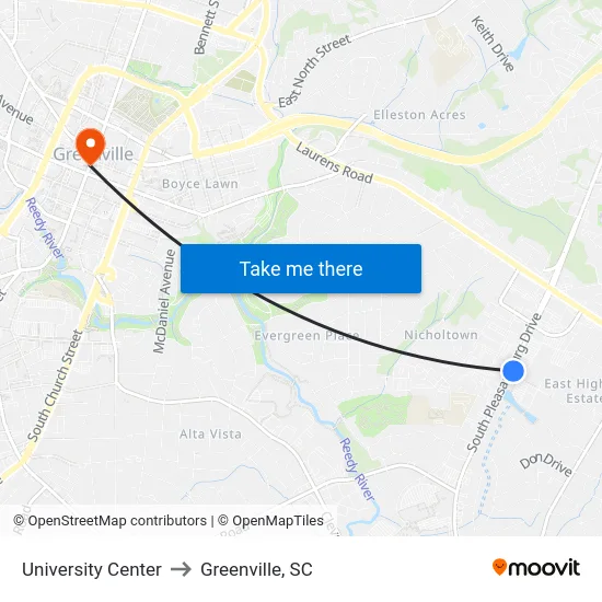 University Center to Greenville, SC map
