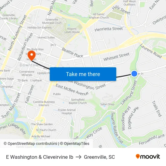 E Washington & Cleveirvine Ib to Greenville, SC map