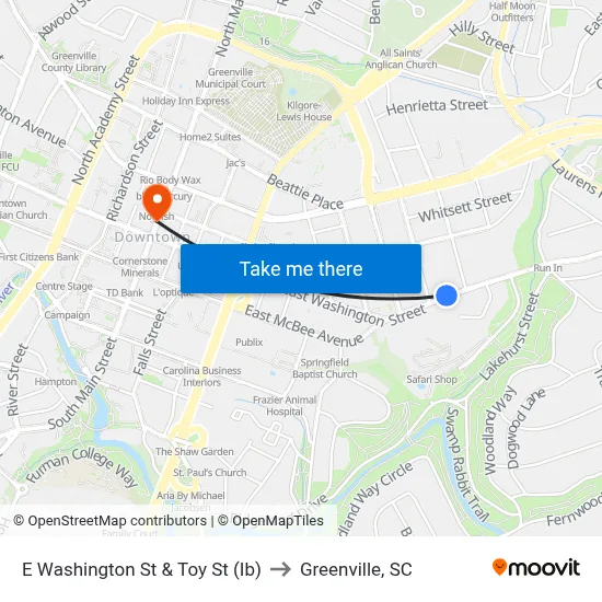 E Washington St & Toy St (Ib) to Greenville, SC map