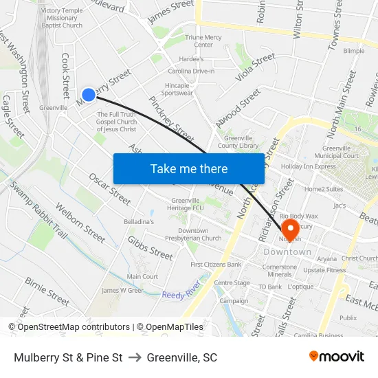 Mulberry St & Pine St to Greenville, SC map