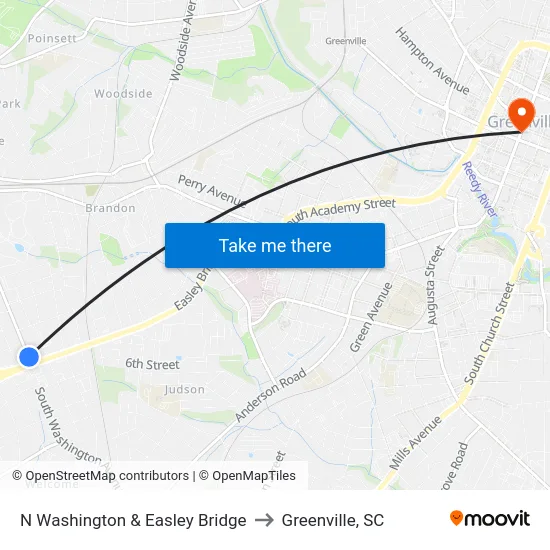 N Washington & Easley Bridge to Greenville, SC map