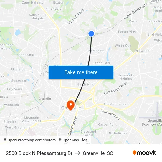 2500 Block N Pleasantburg Dr to Greenville, SC map