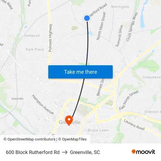 600 Block Rutherford Rd to Greenville, SC map
