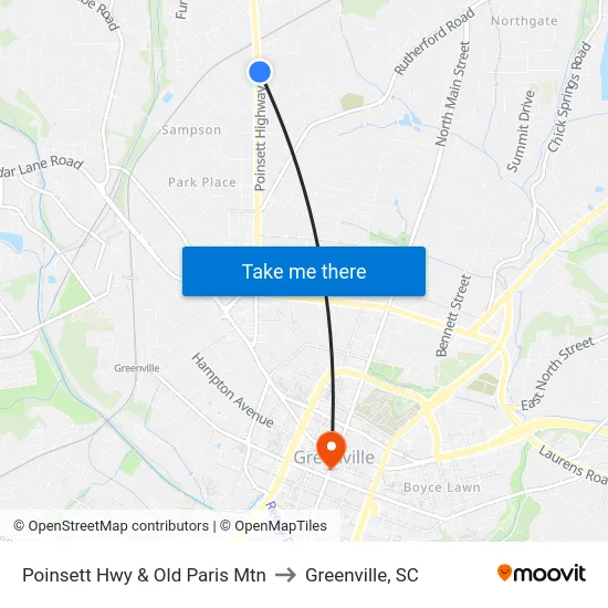 Poinsett Hwy & Old Paris Mtn to Greenville, SC map