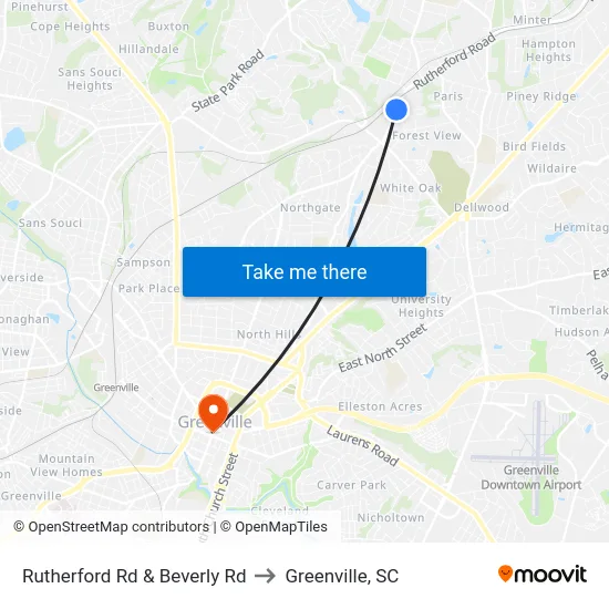 Rutherford Rd & Beverly Rd to Greenville, SC map