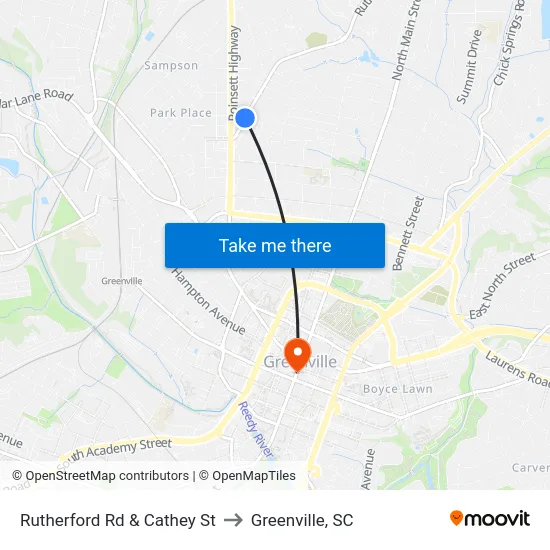 Rutherford Rd & Cathey St to Greenville, SC map