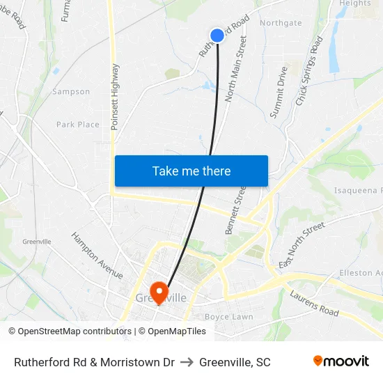 Rutherford Rd & Morristown Dr to Greenville, SC map