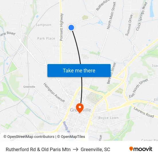 Rutherford Rd & Old Paris Mtn to Greenville, SC map