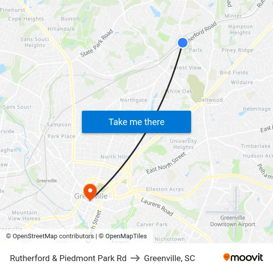 Rutherford & Piedmont Park Rd to Greenville, SC map