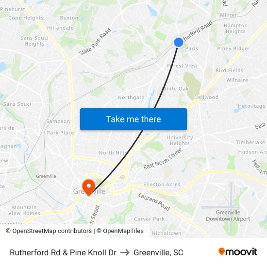 Rutherford Rd & Pine Knoll Dr to Greenville, SC map
