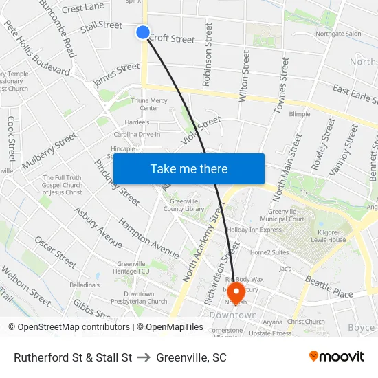 Rutherford St & Stall St to Greenville, SC map