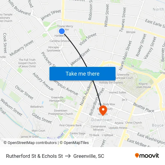 Rutherford St & Harvley St to Greenville, SC map