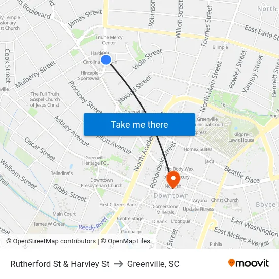 Rutherford St & Harvley St to Greenville, SC map