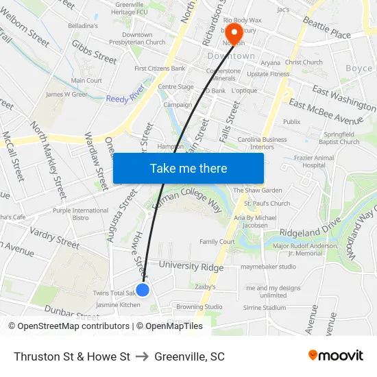 Thruston St & Howe St to Greenville, SC map
