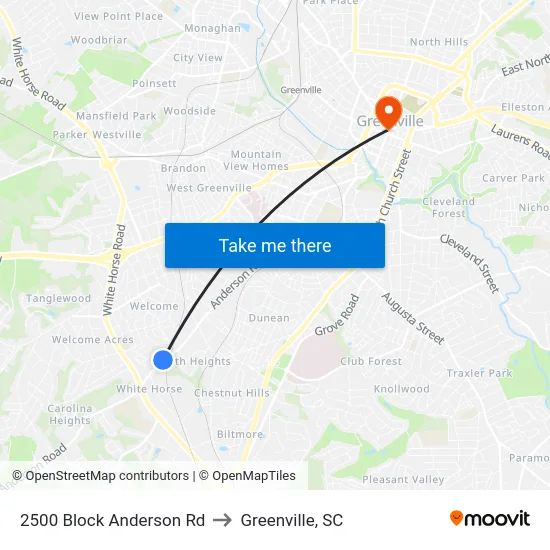 2500 Block Anderson Rd to Greenville, SC map