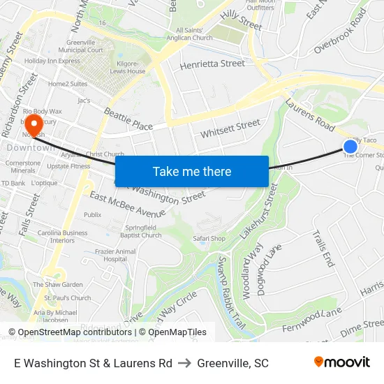 E Washington St & Laurens Rd to Greenville, SC map