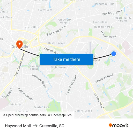 Haywood Mall to Greenville, SC map