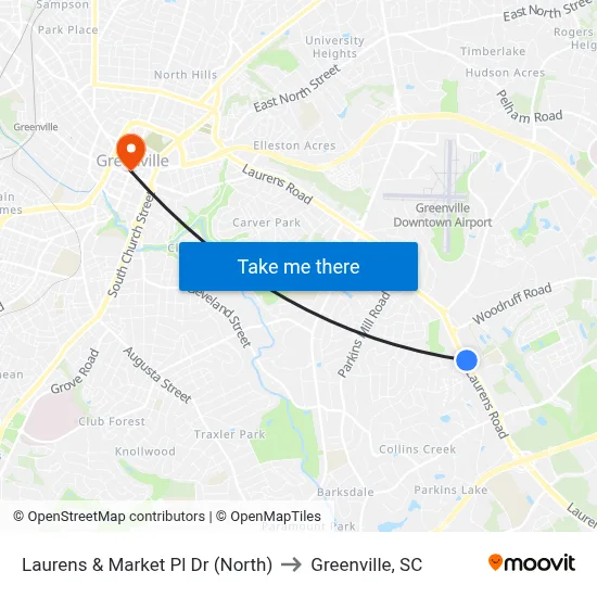 Laurens & Market Pl Dr (North) to Greenville, SC map