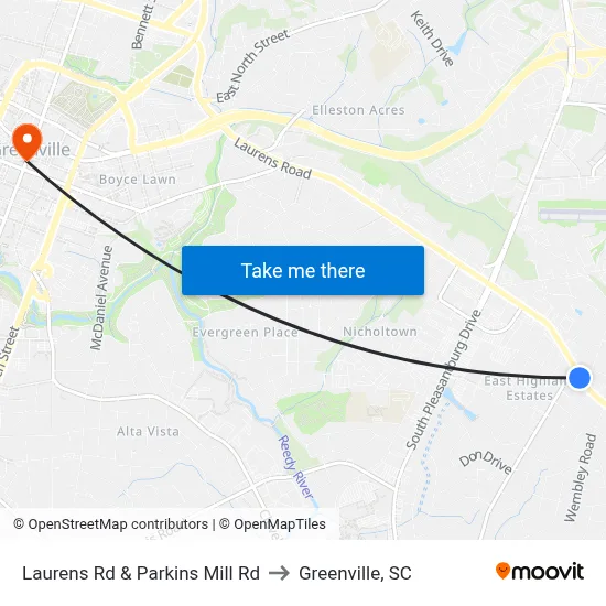 Laurens Rd & Parkins Mill Rd to Greenville, SC map