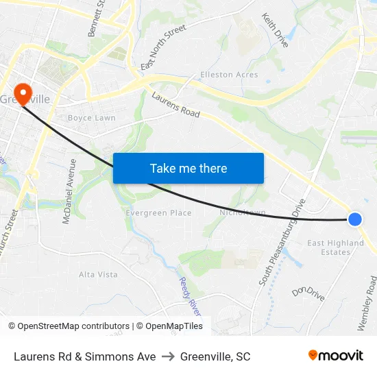 Laurens Rd & Simmons Ave to Greenville, SC map