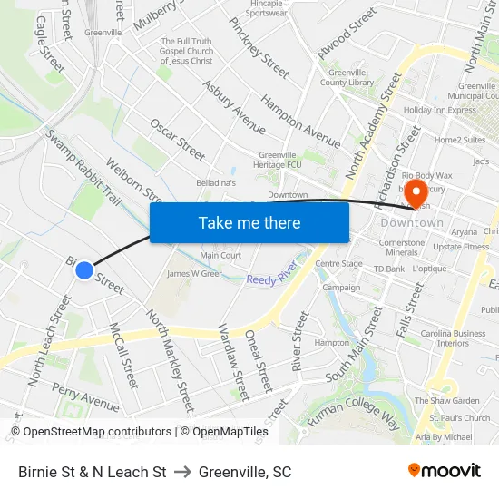 Birnie St & N Leach St to Greenville, SC map