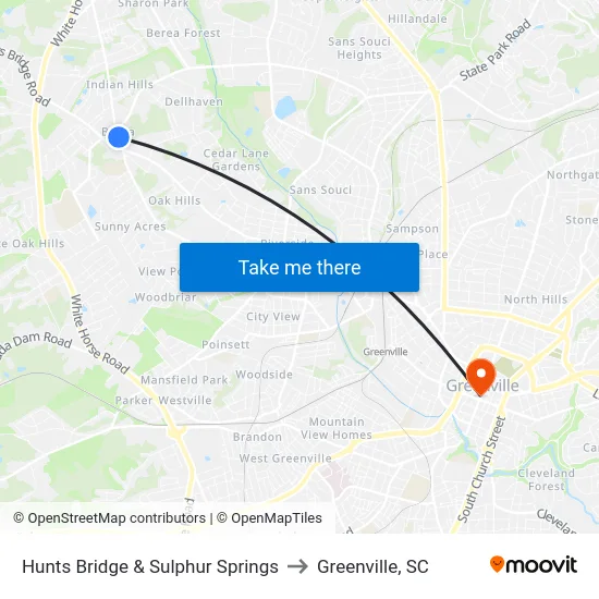 Hunts Bridge & Sulphur Springs to Greenville, SC map