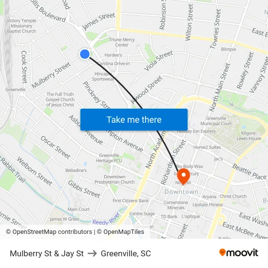 Mulberry St & Jay St to Greenville, SC map